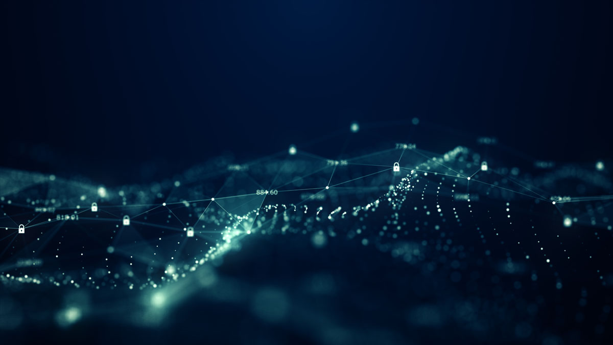 Abstrakt digitalt nätverk med datapunkter och låsikoner som illustrerar cybersäkerhet